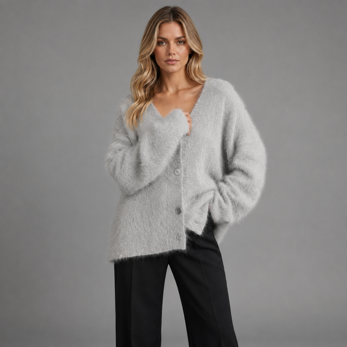 Carovalen grey Livia V-neck cardigan on a model