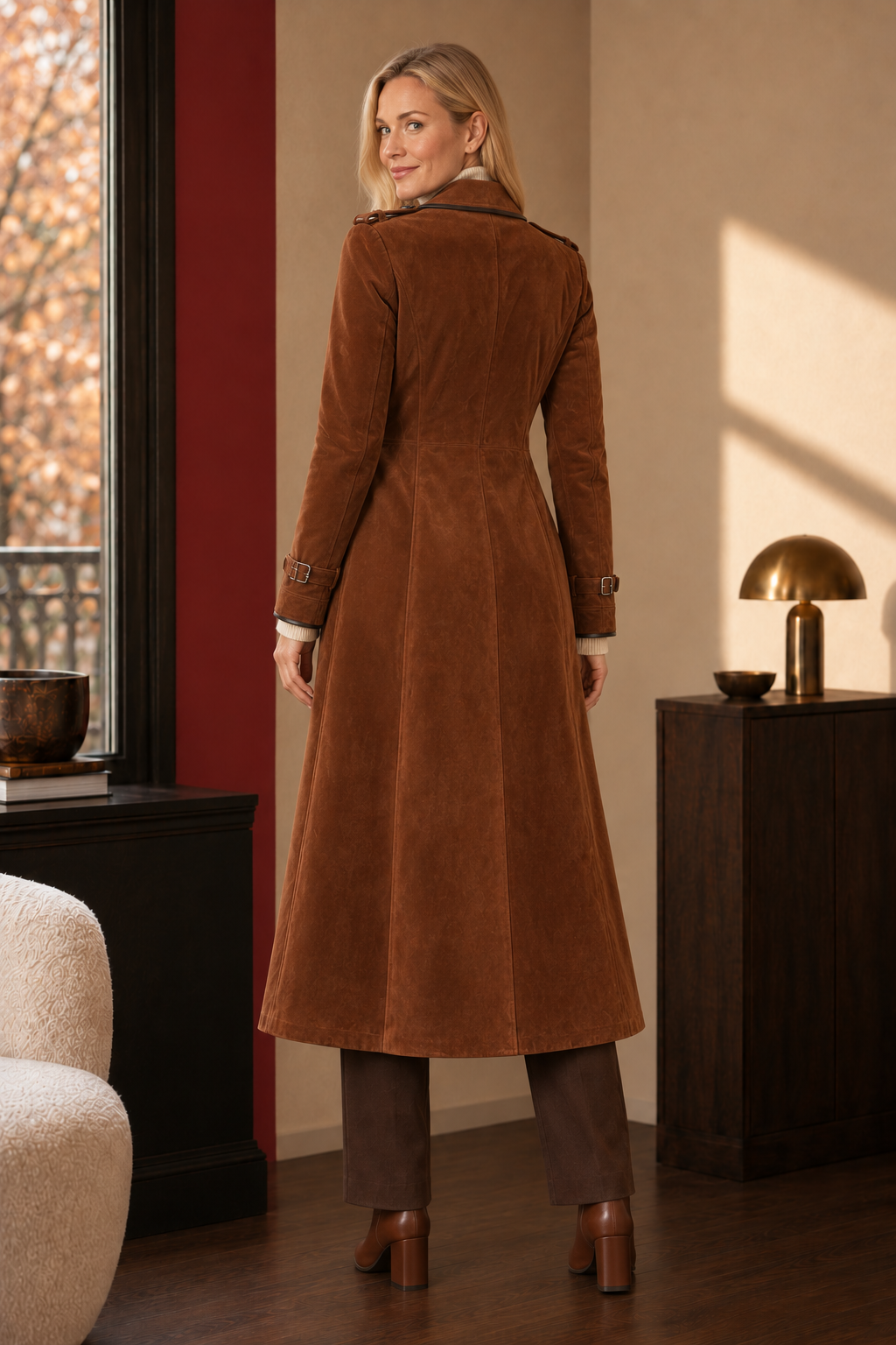 Alba Suede-Look Long Coat in cognac brown, back view.