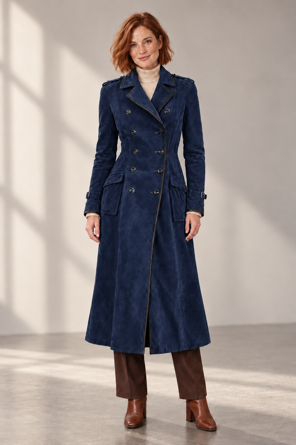 Alba Suede-Look Long Coat in Navy — digitally recoloured product image
