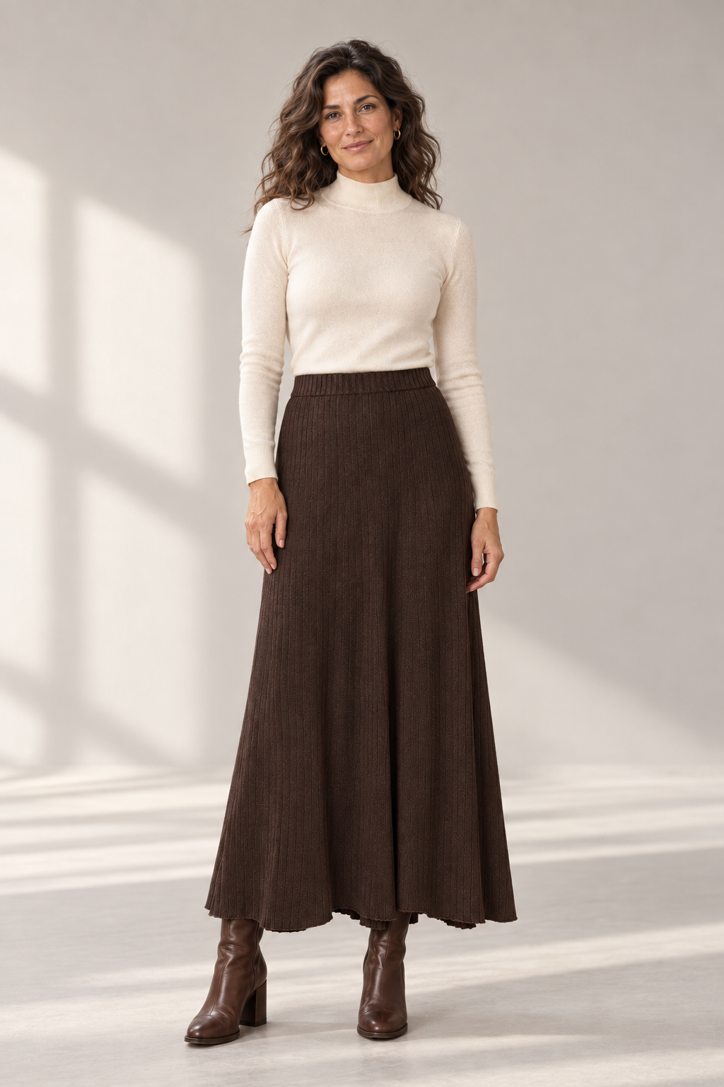 Anya Asymmetric Knit Maxi Skirt in Chocolate Brown, shown on a model