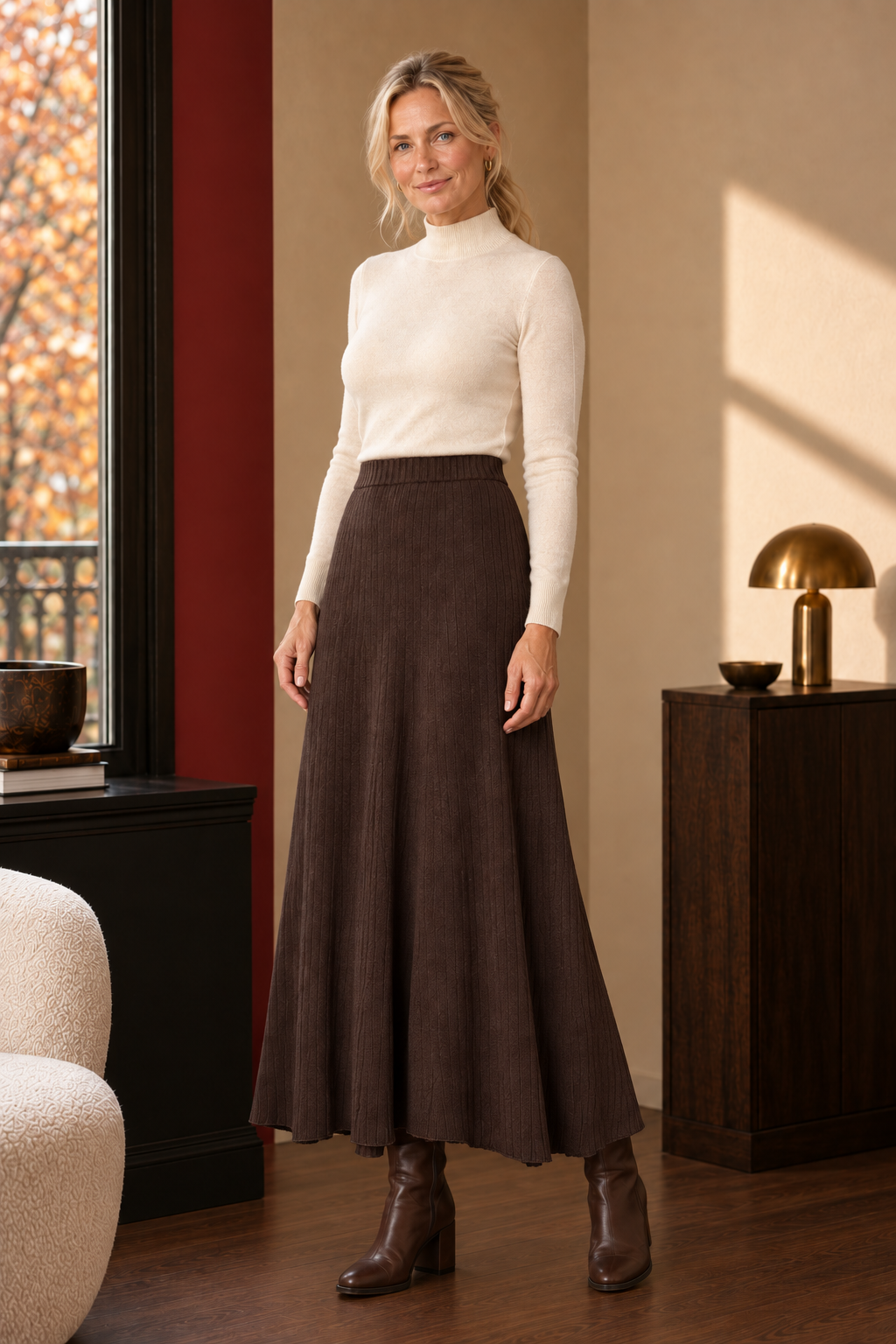 Anya Asymmetric Knit Maxi Skirt in chocolate brown, front view.