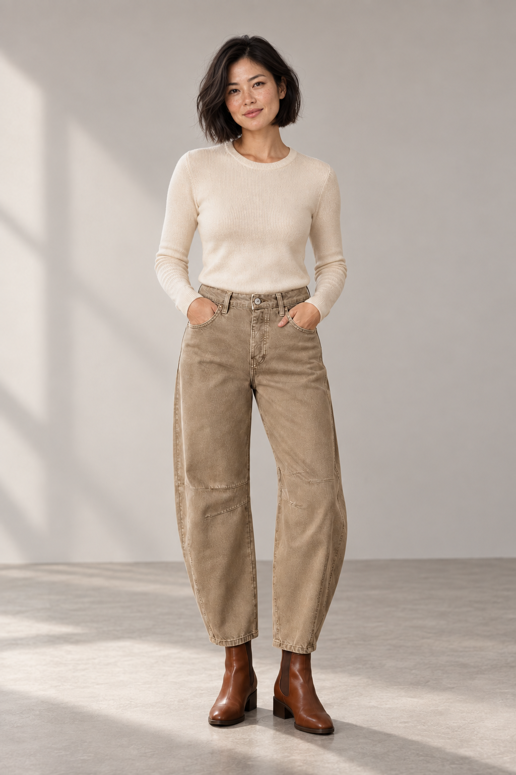 Arden Barrel-Leg Jeans in Beige, shown on a model