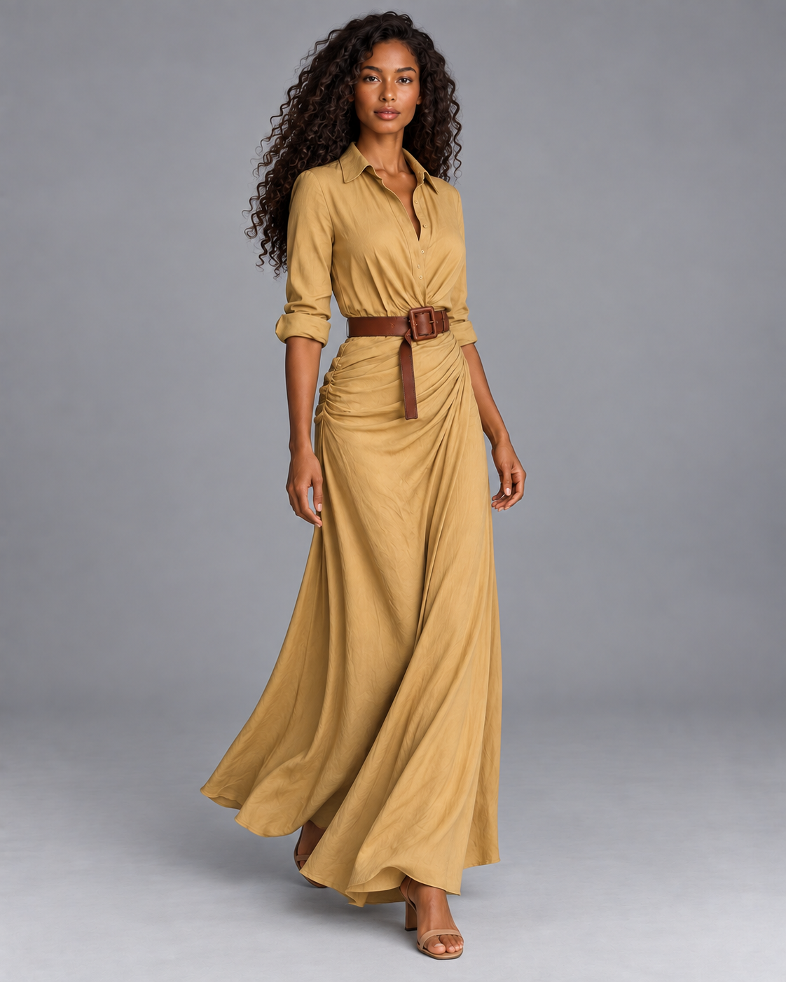 Carovalen Belted Shirt Collar Maxi Dress, view 2