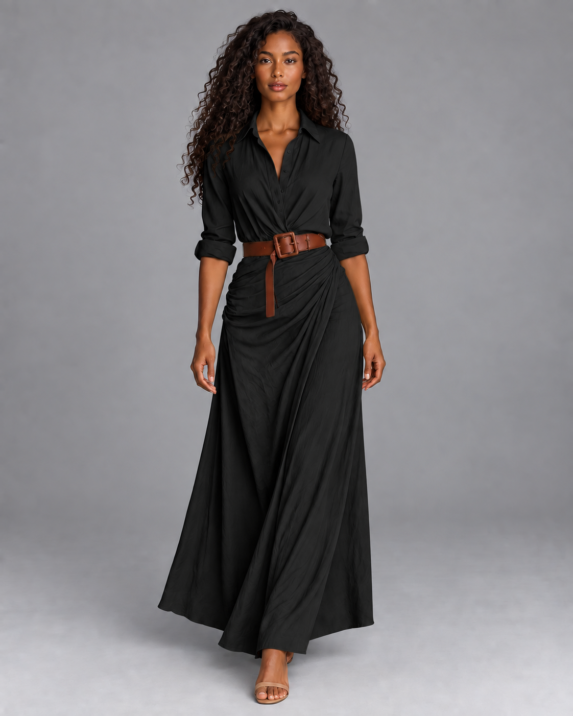 Carovalen Belted Shirt Collar Maxi Dress in Black — digitally recoloured product image