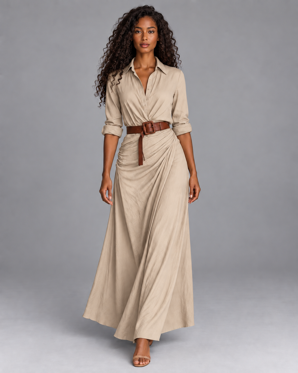 Carovalen Belted Shirt Collar Maxi Dress in Beige — digitally recoloured product image