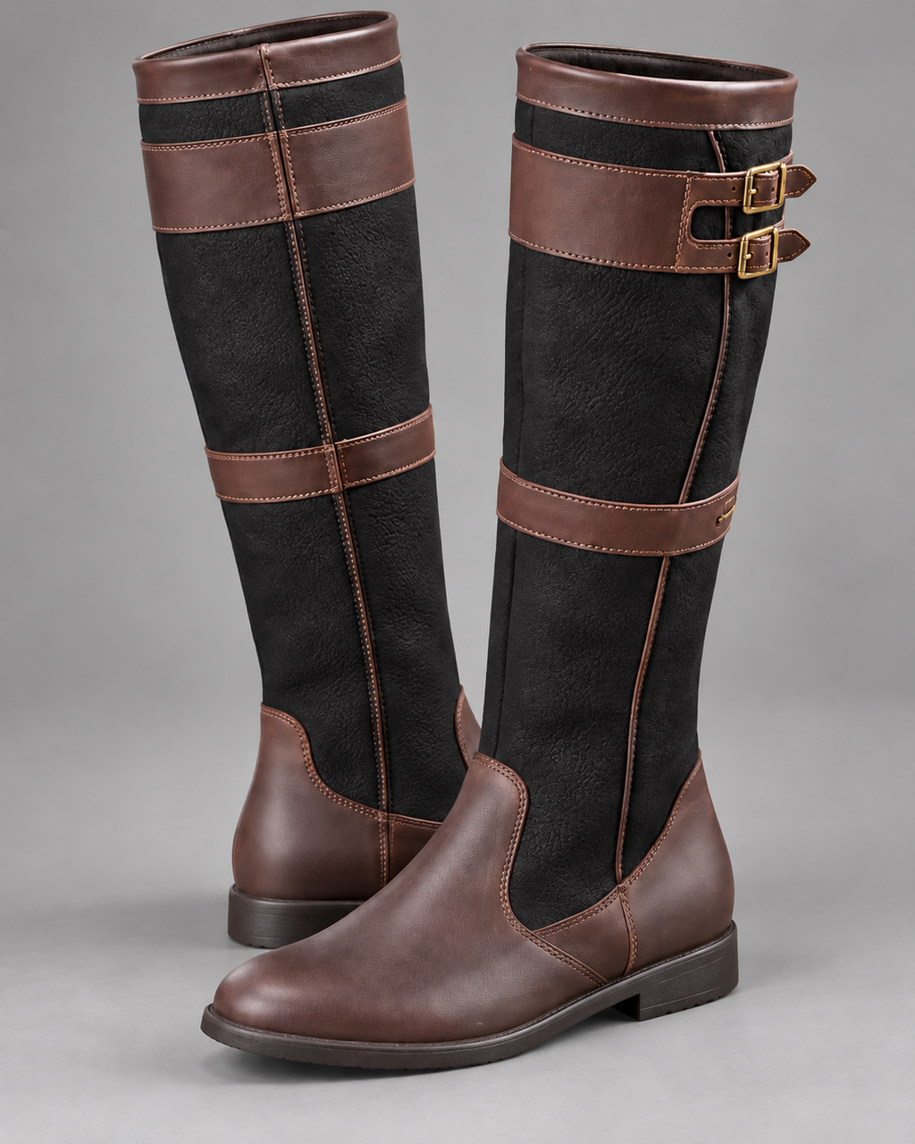 Carovalen Buckle-Strap Knee-High Boots in Black — digitally recoloured product image