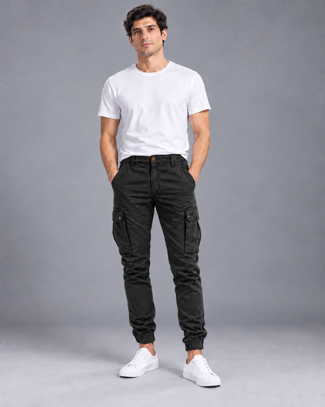 Carovalen Cargo Jogger Trousers in Black — digitally recoloured product image