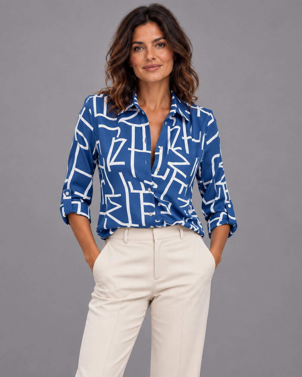 Carovalen Geometric Print Collared Blouse, view 1