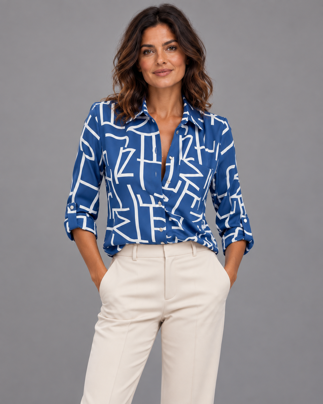 Carovalen Geometric Print Collared Blouse, view 1