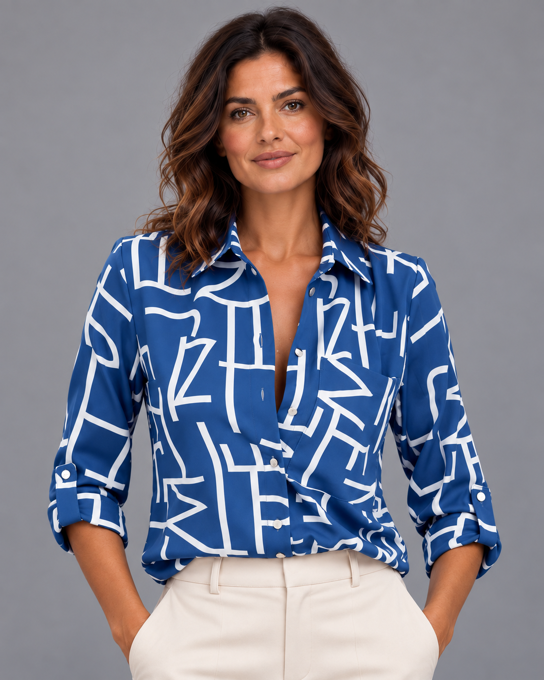 Carovalen Geometric Print Collared Blouse, view 3