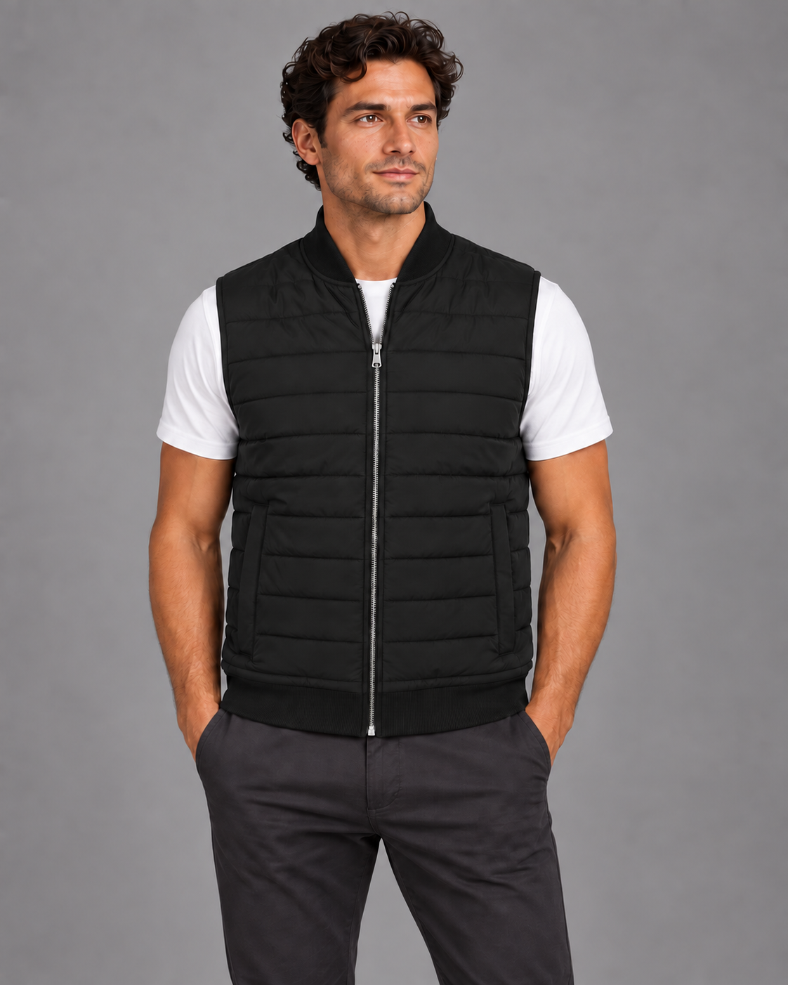 Carovalen Quilted Zip Gilet in Black — digitally recoloured product image