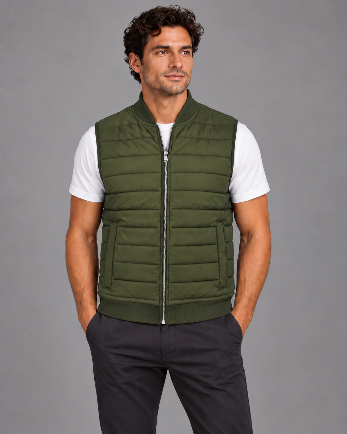 Carovalen Quilted Zip Gilet in Olive Green — digitally recoloured product image