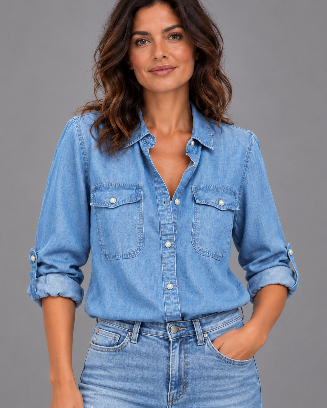 Carovalen Relaxed Denim Pocket Blouse, view 3