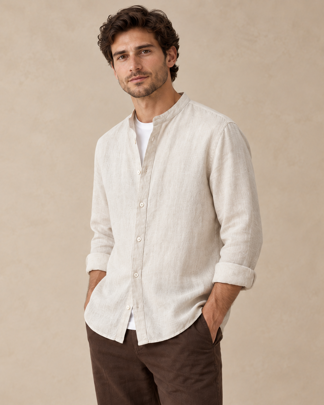 Carovalen Relaxed Henley Button-Front Shirt, detail view on a model