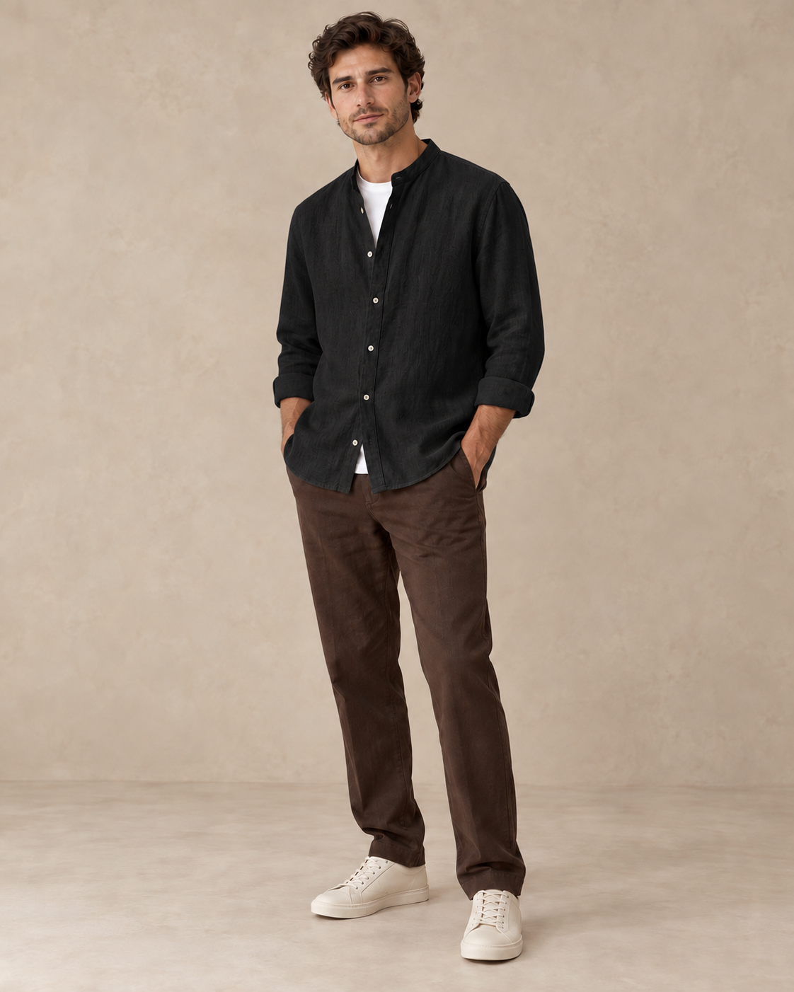 Carovalen Relaxed Henley Button-Front Shirt in Black — digitally recoloured product image
