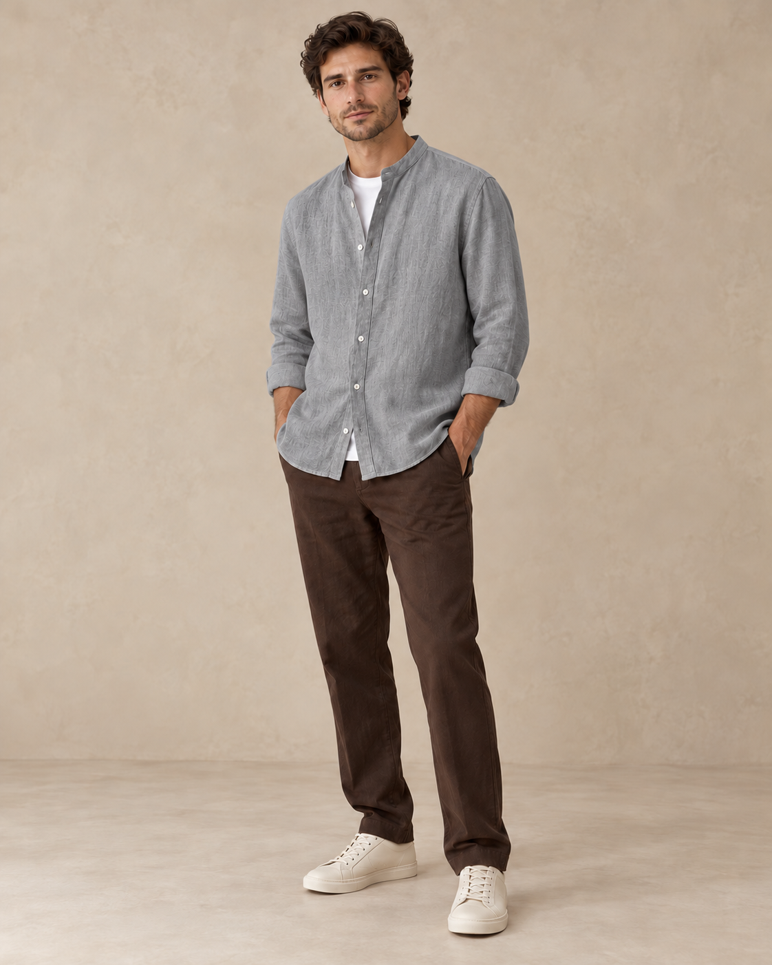 Carovalen Relaxed Henley Button-Front Shirt in Grey — digitally recoloured product image