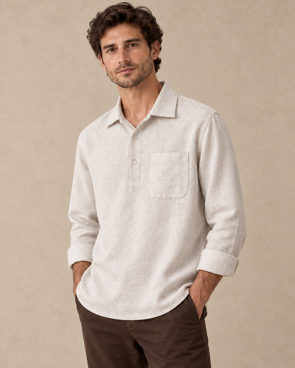 Carovalen Relaxed Henley Pullover Shirt, detail view on a model