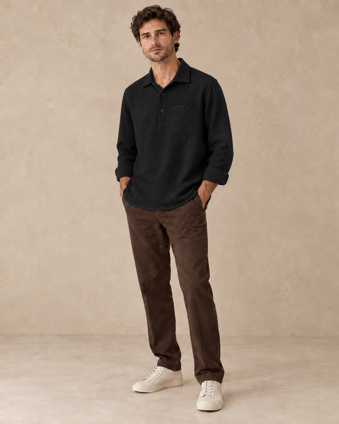 Carovalen Relaxed Henley Pullover Shirt in Black — digitally recoloured product image