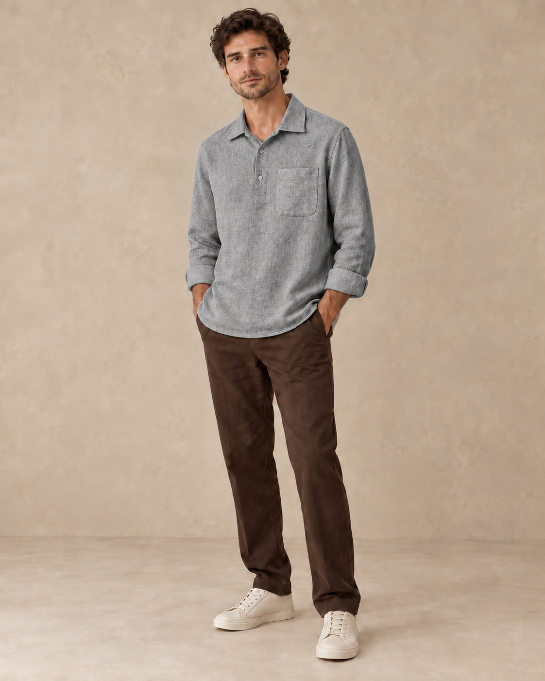 Carovalen Relaxed Henley Pullover Shirt in Grey — digitally recoloured product image