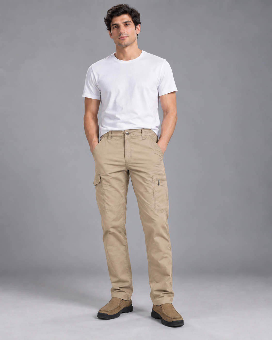 Carovalen Olive Cargo Trousers in Beige — digitally recoloured product image