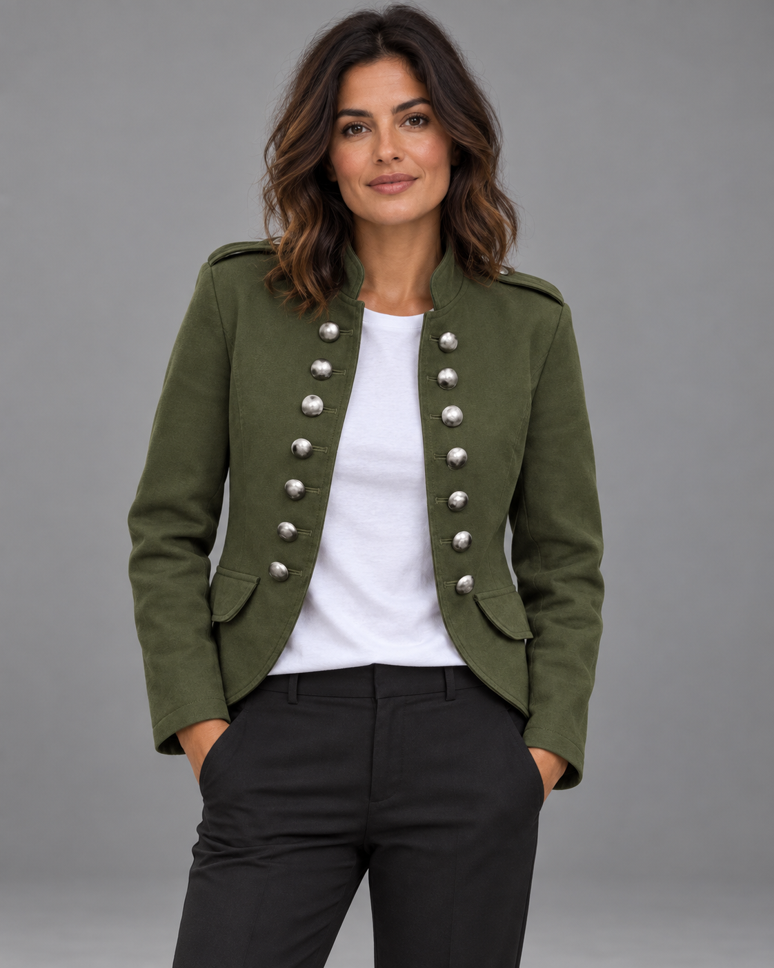Carovalen Structured Stand-Collar Blazer in green, front view