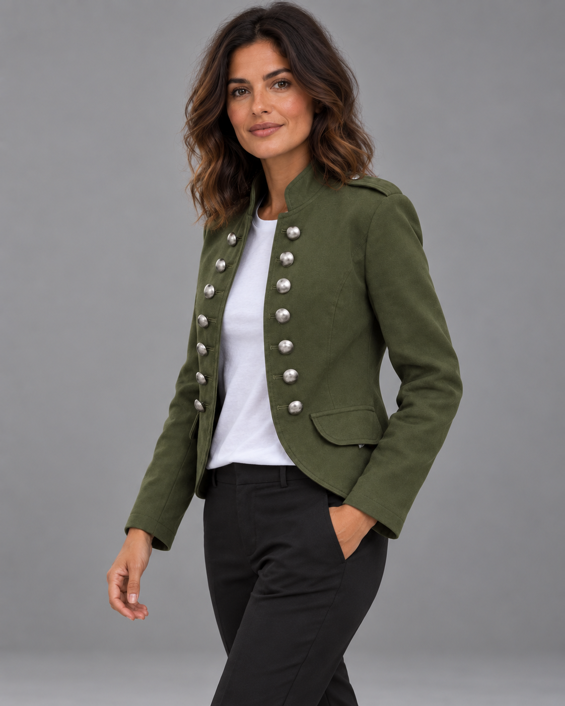Carovalen Structured Stand-Collar Blazer in green, angled front view