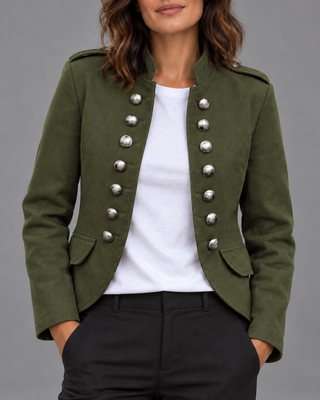 Carovalen Structured Stand-Collar Blazer in green, detail view