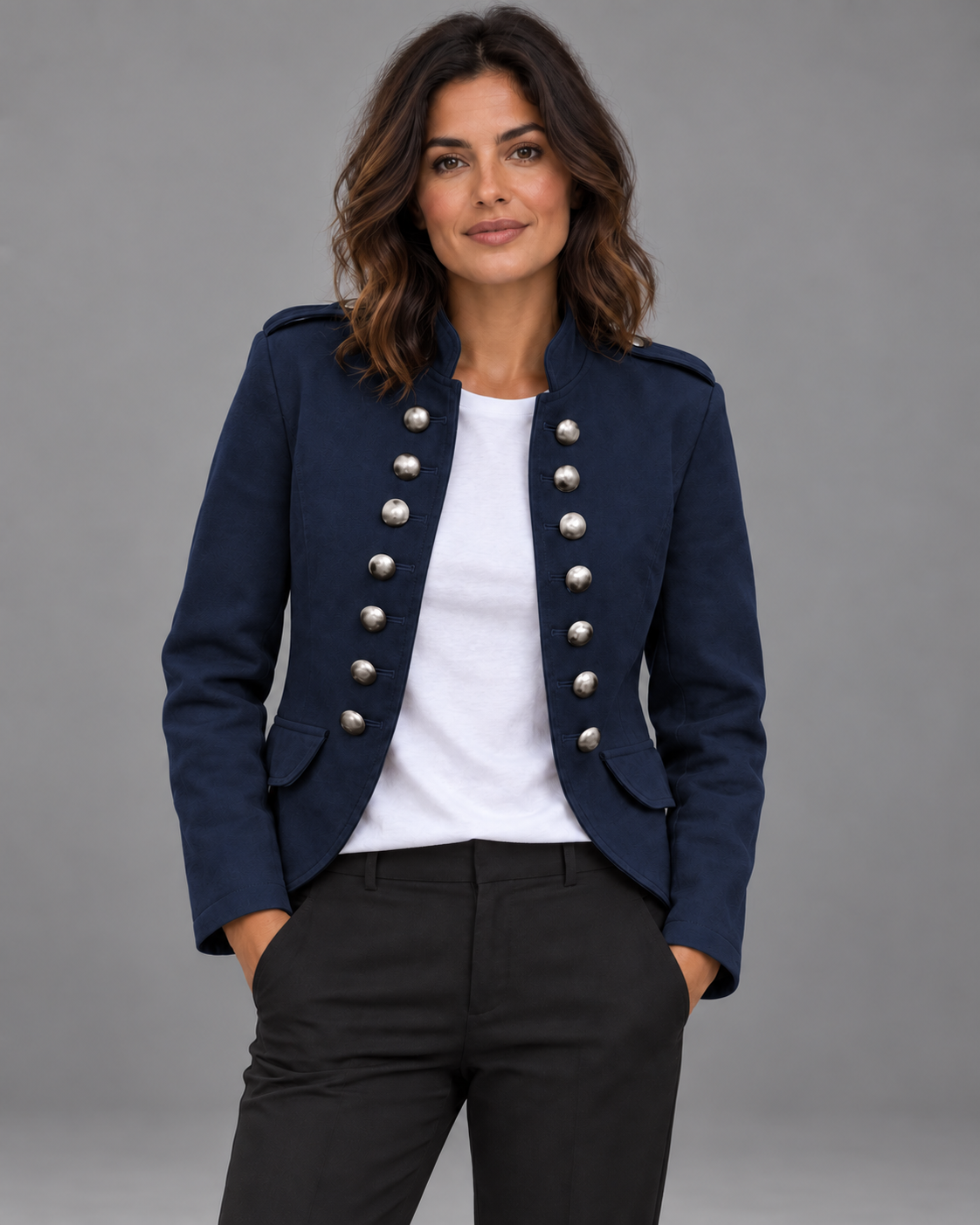 Carovalen Structured Stand-Collar Blazer in Navy — digitally recoloured product image