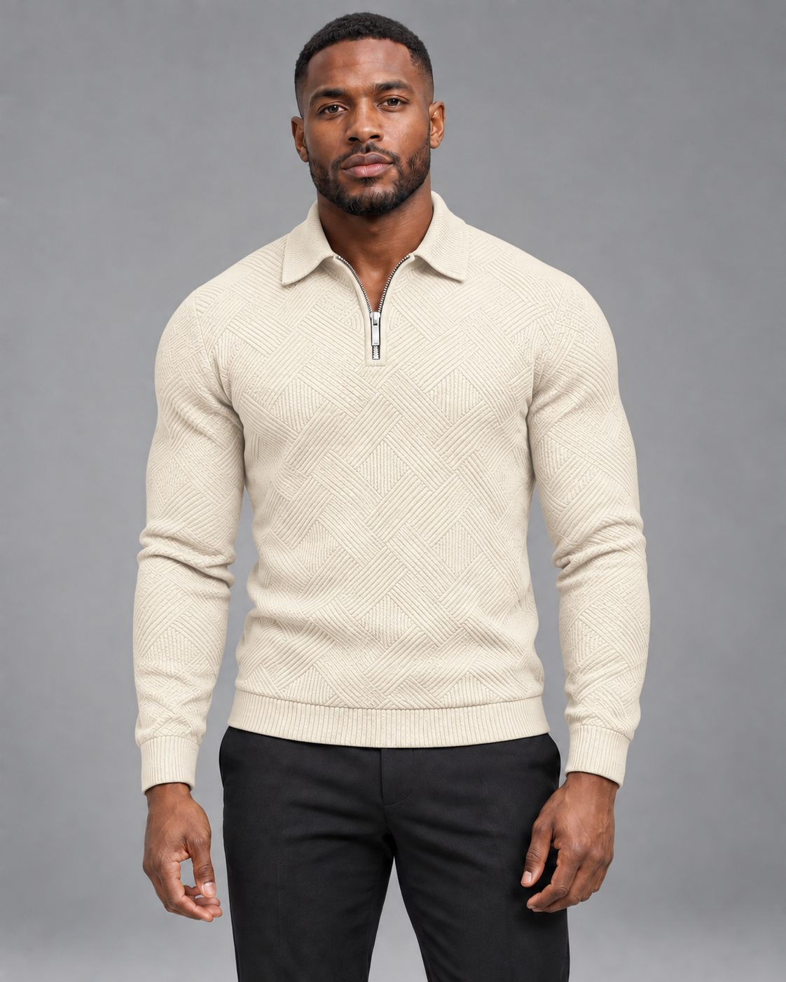 Carovalen Textured Quarter-Zip Jumper in Cream — digitally recoloured product image