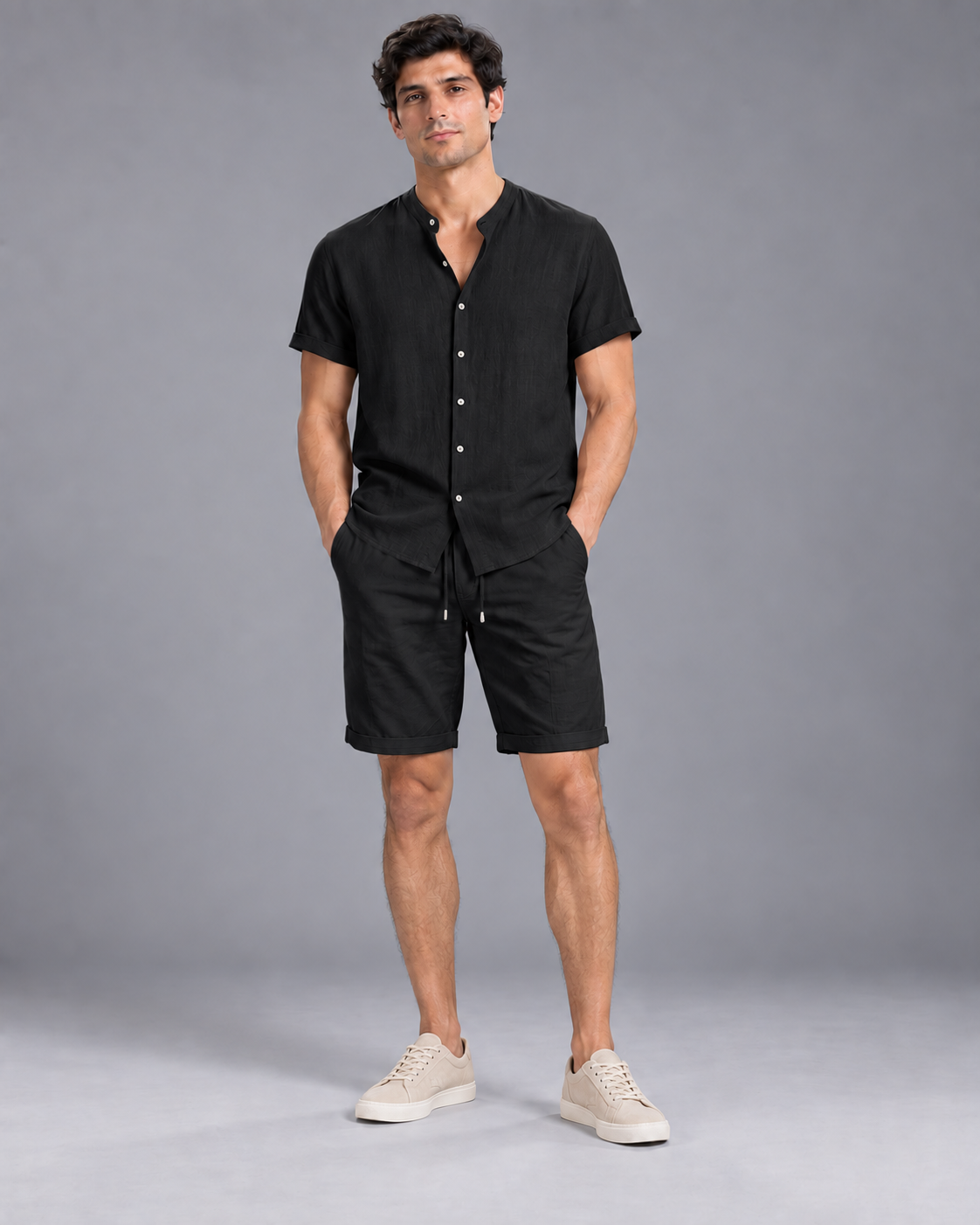 Carovalen Two-Piece Shirt and Shorts Set in Black — digitally recoloured product image