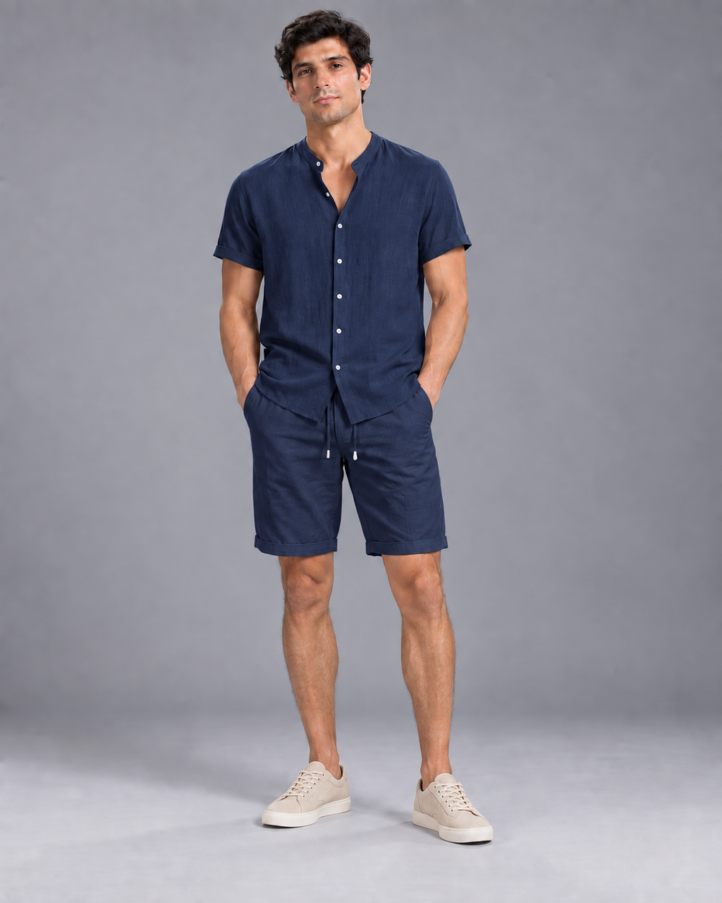 Carovalen Two-Piece Shirt and Shorts Set in Navy — digitally recoloured product image