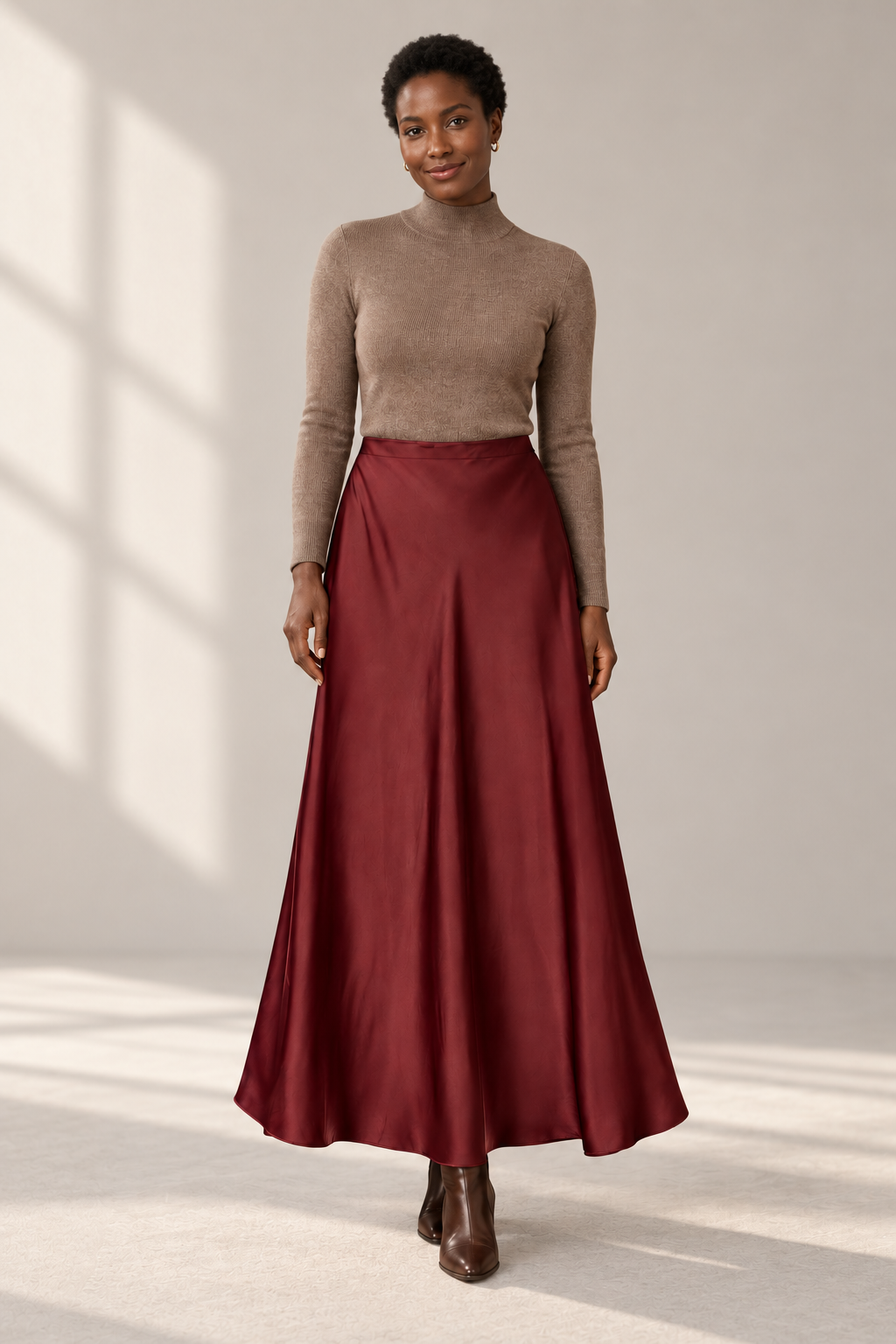 Celeste Satin Maxi Skirt in Burgundy, shown on a model