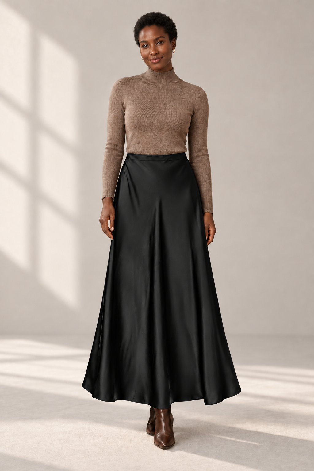 Celeste Satin Maxi Skirt in Black — digitally recoloured product image