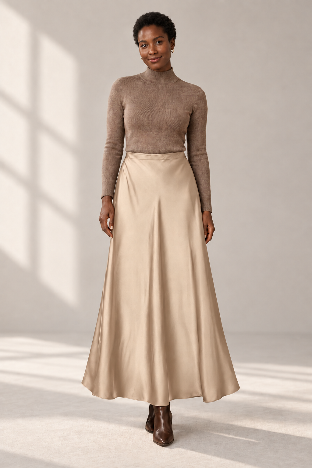 Celeste Satin Maxi Skirt in Beige — digitally recoloured product image
