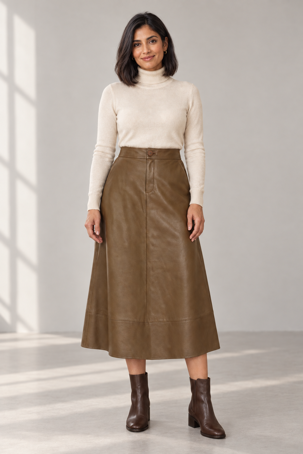 Eden Faux-Leather Maxi Skirt in Brown, shown on a model