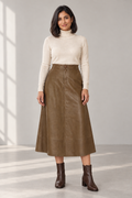 Eden Faux-Leather Maxi Skirt in Brown, shown on a model