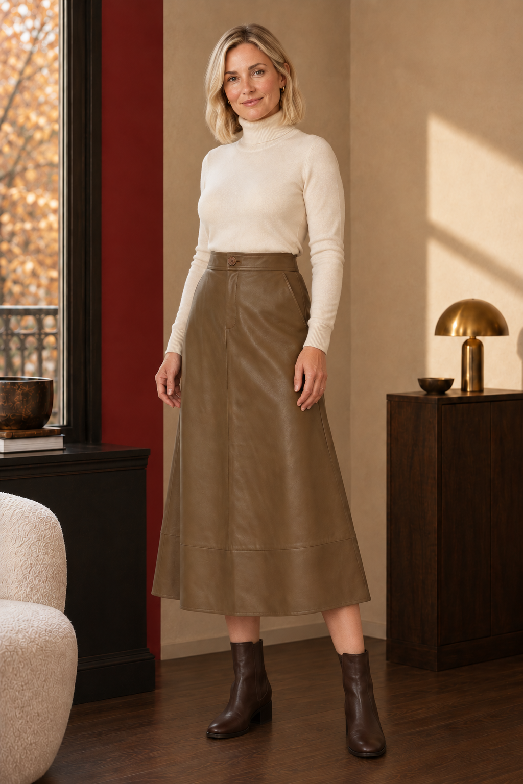 Eden Faux-Leather Maxi Skirt in brown, front view.