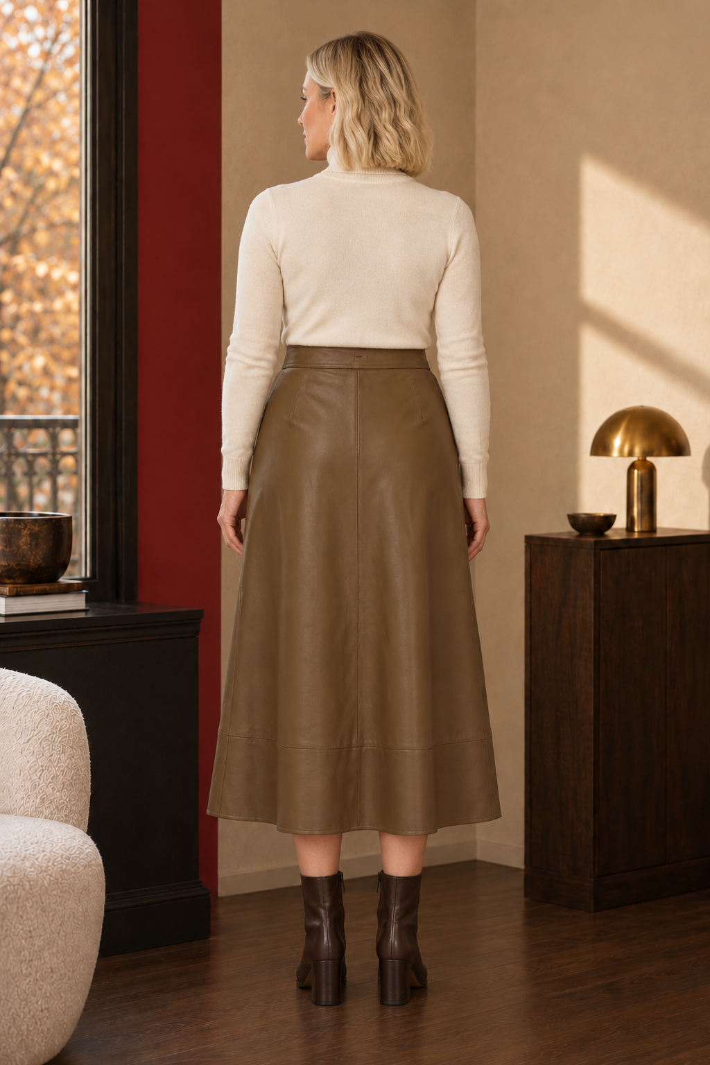 Eden Faux-Leather Maxi Skirt in brown, back view.