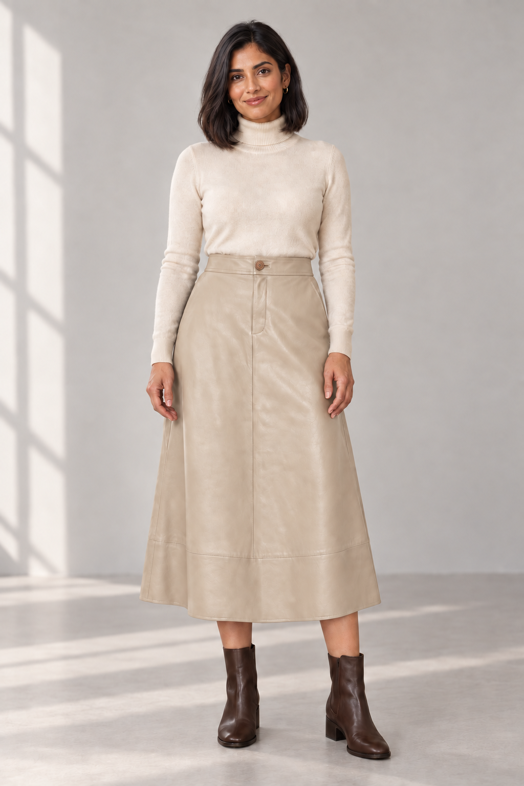 Eden Faux-Leather Maxi Skirt in Beige — digitally recoloured product image