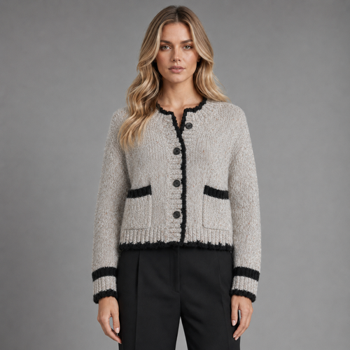 Carovalen elara cropped bouclé cardigan in grey, front studio view