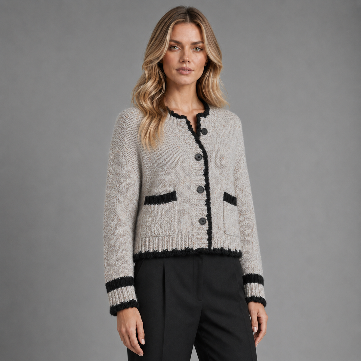 Carovalen elara cropped bouclé cardigan in grey, three-quarter studio view