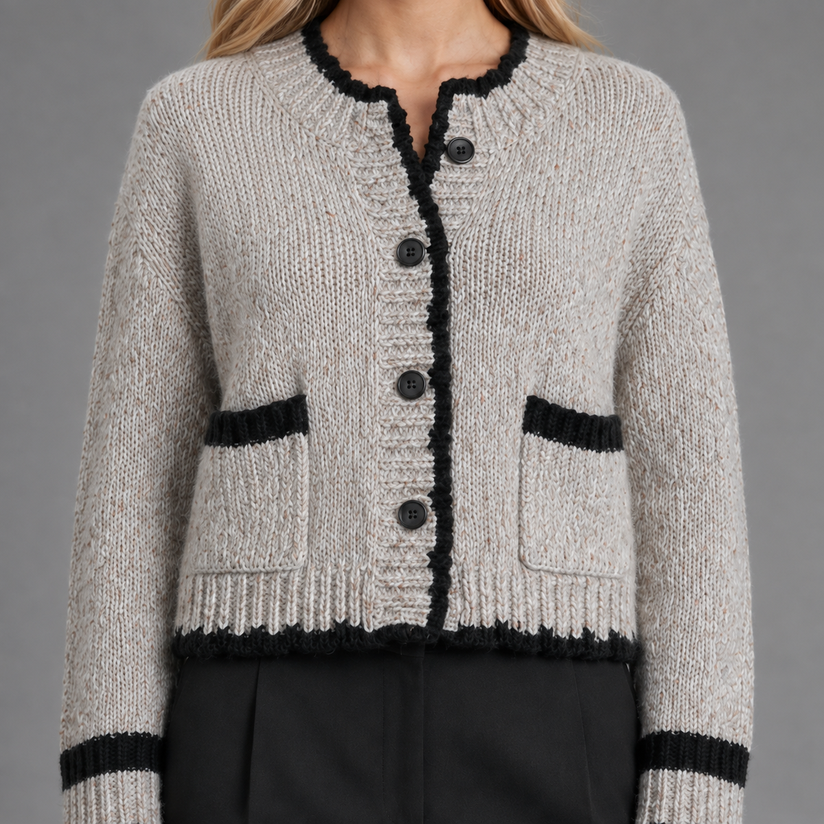Carovalen elara cropped bouclé cardigan grey knit and black trim detail