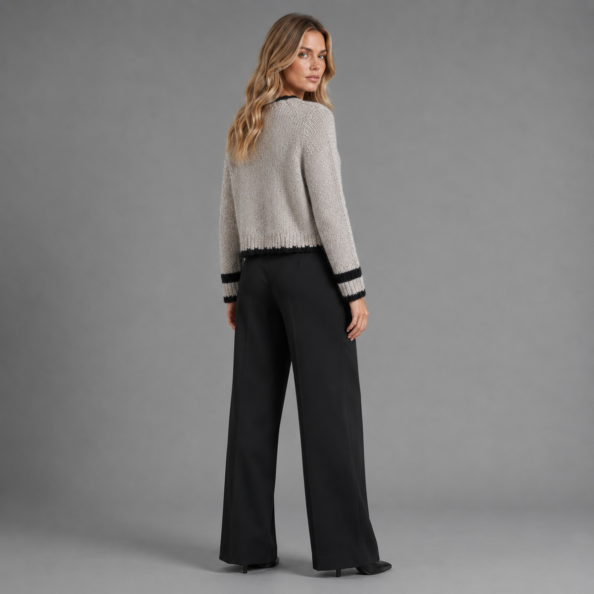 Carovalen elara cropped bouclé cardigan in grey, back three-quarter studio view