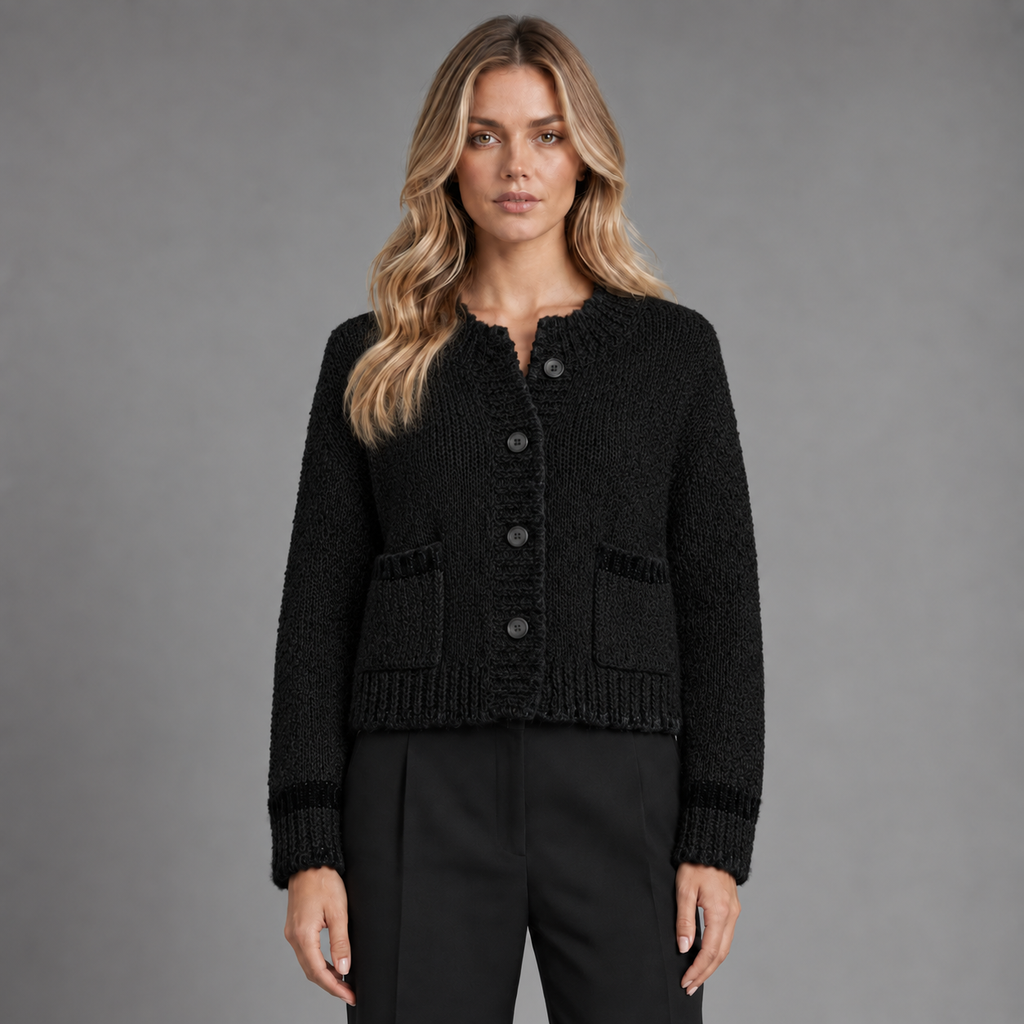 Elara cropped bouclé cardigan in Black — digitally recoloured product image