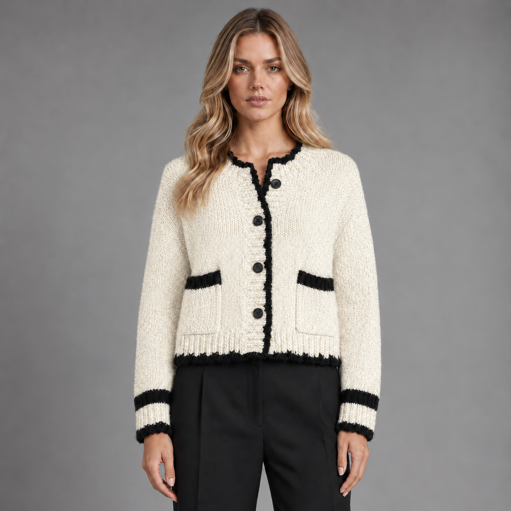 Elara Cropped Bouclé Cardigan in Cream — digitally recoloured product image