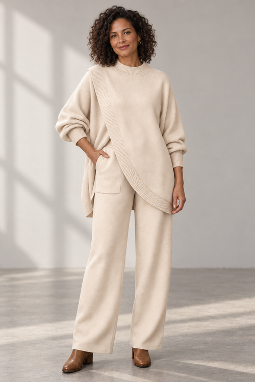 Esme Asymmetric Knit Set in Cream Beige, shown on a model
