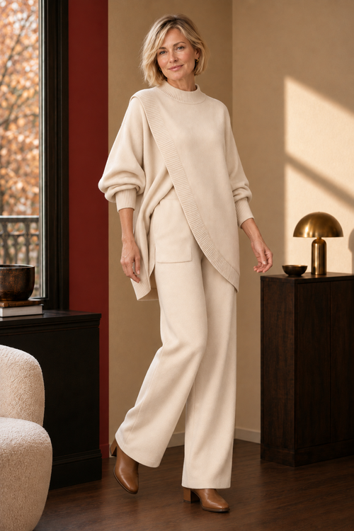 Esme Asymmetric Knit Set in Cream Beige, front view.