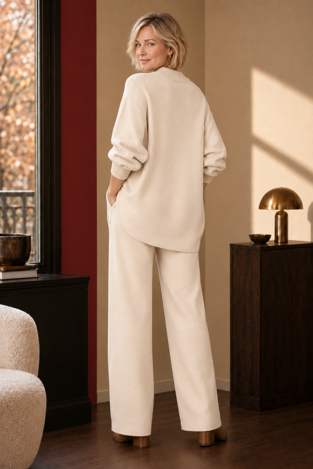 Esme Asymmetric Knit Set in Cream Beige, back view.