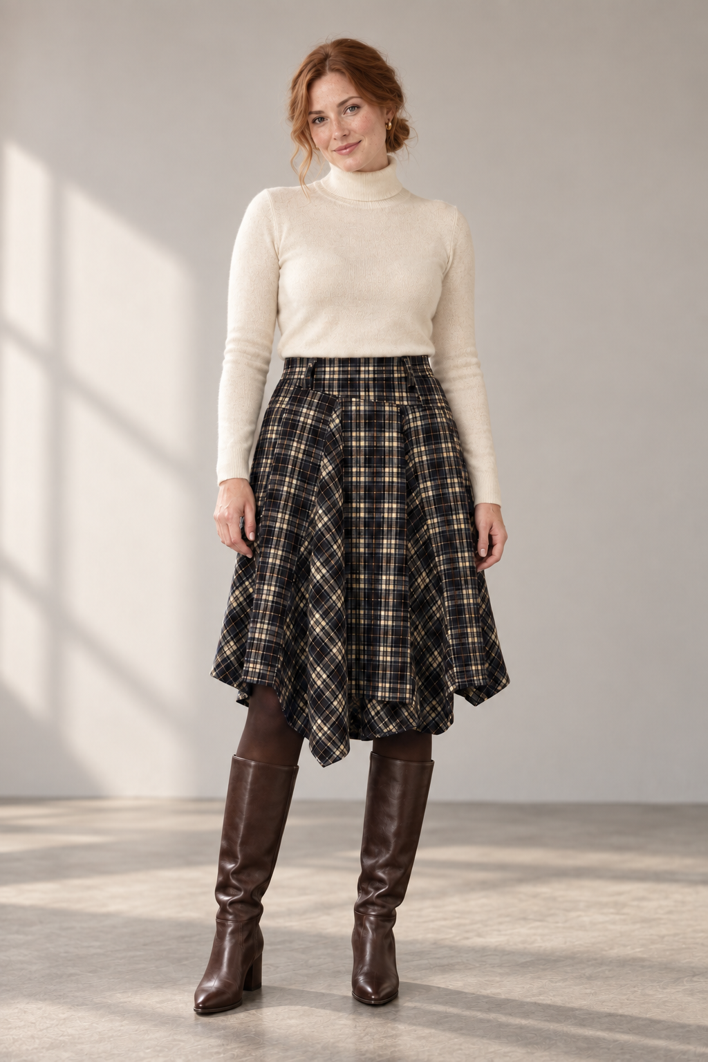 Flora Check A-Line Skirt in Beige / Black, shown on a model
