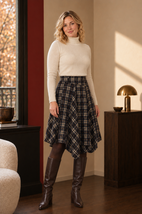 Flora Check A-Line Skirt in beige and black, front view.